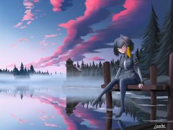 Rule 34 | 10s, 1girl, absurdres, artist name, black gloves, black hair, bodystocking, breast pocket, building, cloud, cloudy sky, collared shirt, fingerless gloves, fog, forest, full body, gloves, grey hair, grey shirt, grey shorts, hair between eyes, highres, kemono friends, lake, lamiho, layered sleeves, long sleeves, low ponytail, medium hair, morning, multicolored hair, nature, necktie, no shoes, orange hair, outdoors, pantyhose, pier, pocket, reflection, reflective water, scenery, shirt, shoebill (kemono friends), short over long sleeves, short sleeves, shorts, side ponytail, sitting, sky, solo, tree, water, white necktie, wide shot
