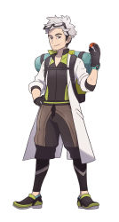 Rule 34 | 1boy, black gloves, eyewear on head, full body, gloves, grey eyes, grey hair, hand on own hip, highres, holding, holding poke ball, jacket, lab coat, leggings, looking at viewer, male focus, multicolored hair, official style, parody, poke ball, pokemon, pokemon go, redlhzz, shoes, short hair, simple background, smile, sneakers, solo, style parody, two-tone hair, watch, white background, willow (pokemon)