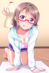 Rule 34 | 10s, 1girl, :p, all fours, aqua hoodie, artist name, barefoot, blue eyes, blue shorts, blurry, blurry background, blush, breasts, ckst, cleavage, closed mouth, downblouse, drawstring, grey hair, heart, highres, hood, hoodie, looking at viewer, love live!, love live! sunshine!!, mannequin, medium breasts, red-framed eyewear, ruler, semi-rimless eyewear, short hair, shorts, solo, tongue, tongue out, under-rim eyewear, watanabe you, wooden floor