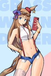 Rule 34 | 1girl, aegis (nerocc), animal ears, bare arms, bare shoulders, bead bracelet, beads, blue background, blue bow, blue eyes, bow, bracelet, breasts, brown hair, commentary request, cowboy shot, crop top, denim, denim shorts, eyewear on head, grass wonder (umamusume), hair bow, hand on own hip, head tilt, highres, horse ears, jewelry, long hair, looking at viewer, medium breasts, micro shorts, midriff, mouth hold, navel, open fly, shirt, shorts, sleeveless, sleeveless shirt, solo, standing, stomach, sunglasses, suspenders, tail, thighs, umamusume, very long hair, white shirt