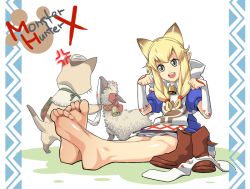 Rule 34 | 1girl, animal ears, arm warmers, barefoot, bell, blonde hair, dress, feet, feet together, long hair, looking at viewer, meowstress, monster hunter, monster hunter (series), monster hunter x, neck bell, nekojo, open mouth, palico, pointy ears, shoes, unworn shoes, sitting, skb, unworn socks, soles, toes