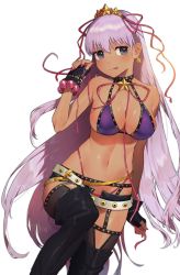 Rule 34 | 1girl, :p, bare shoulders, bb (fate), bb (fate) (all), bb (swimsuit mooncancer) (fate), bb (swimsuit mooncancer) (second ascension) (fate), belt, belt buckle, between breasts, bikini, black gloves, black shorts, black thighhighs, blush, breasts, buckle, cleavage, closed mouth, collarbone, commentary request, dark-skinned female, dark skin, earrings, fate/grand order, fate (series), fingerless gloves, fingernails, gloves, gold trim, hair between eyes, hair ornament, hair ribbon, head tilt, highres, jewelry, large breasts, long hair, micro shorts, nail polish, navel, pink nails, pink ribbon, purple bikini, purple eyes, ribbon, shibainu, shorts, simple background, smile, solo, star (symbol), star earrings, star hair ornament, swimsuit, thighhighs, tongue, tongue out, very long hair, white background, white belt