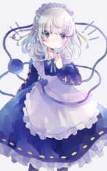 Rule 34 | 1girl, alternate costume, apron, black dress, blush, commentary request, dot mouth, dress, enmaided, feet out of frame, green eyes, green hair, grey background, hair ribbon, hand up, heart, hiyuu (hiyualice), komeiji koishi, long sleeves, looking at viewer, maid, maid day, maid headdress, medium hair, neck ribbon, ribbon, simple background, solo, third eye, touhou, yellow ribbon