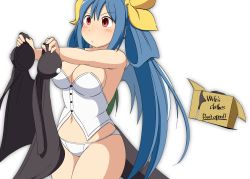 Rule 34 | 1girl, absurdres, bare shoulders, blue hair, blush, box, breasts, buttons, cardboard box, dizzy (guilty gear), guilty gear, guilty gear xrd, guilty gear xrd: revelator, hair ribbon, highres, large breasts, mirano, navel, panties, red eyes, ribbon, simple background, solo, tail, underwear, white background, white panties, wings