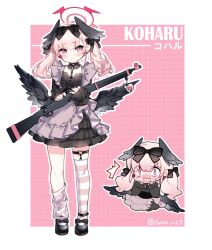 Rule 34 | 1girl, ^^^, apron, black bow, black dress, black footwear, black wings, blue archive, blush, bolt action, bow, character name, chibi, closed mouth, dress, earrings, feathered wings, flower earrings, frilled apron, frills, gun, hair bow, halo, hands up, head wings, holding, holding gun, holding weapon, jewelry, kneehighs, koharu (blue archive), layered dress, long hair, long sleeves, low wings, multiple views, p14 enfield, pink background, pink eyes, pink hair, pleated dress, polka dot, polka dot background, puffy long sleeves, puffy sleeves, purple apron, rifle, saru, shoes, single kneehigh, single sock, single thighhigh, sleeves past wrists, socks, striped clothes, striped socks, striped thighhighs, thighhighs, twintails, twitter username, two-tone background, weapon, white background, wings