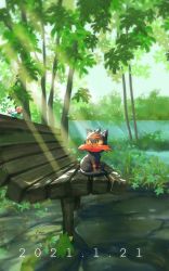 Rule 34 | absurdres, bench, bird, closed mouth, commentary request, creatures (company), dated, day, fletchling, game freak, gen 6 pokemon, gen 7 pokemon, highres, leaf, light rays, litten, looking up, nintendo, no humans, outdoors, pokemon, pokemon (creature), red eyes, shank, sitting