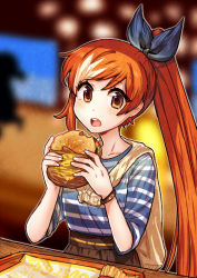 Rule 34 | 1girl, blue ribbon, brown eyes, brown hair, commentary, crunchyroll, earrings, eating, english commentary, flat chest, food, hair ribbon, burger, high-waist skirt, high ponytail, hime (crunchyroll), jewelry, kataro, long hair, mascot, multicolored hair, open mouth, ribbon, skirt, solo, streaked hair, striped, stud earrings, sweater around neck, very long hair, watch, white hair, wristwatch
