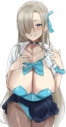 Rule 34 | 1girl, absurdres, asuna (blue archive), asuna (bunny) (blue archive), blue archive, blush, breasts, cleavage, collarbone, commentary request, hair over one eye, highres, hotate-chan, large breasts, leotard, light brown hair, long hair, looking at viewer, mole, mole on breast, official alternate costume, pantyhose, playboy bunny, skirt, smile, solo, thighs