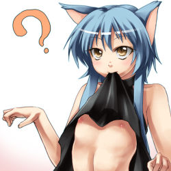 Rule 34 | 1girl, ?, animal ears, blue hair, blush, breasts, brown eyes, cat ears, clothes lift, flat chest, long hair, mouth hold, nipples, shirt lift, slit pupils, solo, tsuki to kage, tsuki tokage
