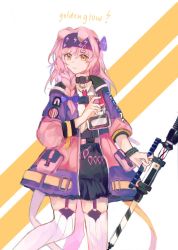 Rule 34 | 1girl, animal ears, arknights, black headband, black skirt, bracelet, braid, cat ears, cat girl, cat tail, character name, closed mouth, coat, collar, commentary, garter straps, goldenglow (arknights), headband, holding, holding staff, infection monitor (arknights), jewelry, kiee (kiee owo), lightning bolt print, long hair, long sleeves, looking at viewer, multicolored coat, orange eyes, pink hair, scissors, side braid, skirt, solo, staff, standing, tail, thighhighs, two-tone background, two-tone coat, white background, white thighhighs, yellow background, zipper