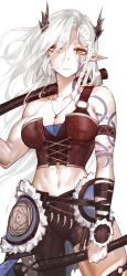 Rule 34 | 1girl, absurdres, arm tattoo, armband, asymmetrical pants, axe, braid, breasts, brown eyes, closed mouth, dragon horns, dual wielding, facial tattoo, fantasy, female focus, hair over one eye, highres, holding, holding axe, horns, jewelry, jin grey paladin, medium breasts, midriff, navel, necklace, original, over shoulder, pointy ears, side braid, simple background, solo, tattoo, toned, toned female, warrior, weapon, weapon over shoulder, white background, white hair