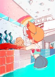 Rule 34 | 1girl, animated, animated gif, aqua eyes, artist name, ass, bare shoulders, blue shorts, blush, bra, cameltoe, creatures (company), crop top, denim, denim shorts, diives, english text, female focus, from behind, game freak, gym leader, hair tie, half-closed eyes, highres, indoors, leg up, looking at viewer, looking back, midriff, misty (pokemon), nintendo, open mouth, orange hair, patreon logo, patreon username, pokemon, pokemon lgpe, pool, red bra, red footwear, shiny skin, shirt, shoes, short hair, short shorts, shorts, side ponytail, sleeveless, sleeveless shirt, solo, talking, text focus, thighs, underwear, wading, water, wet
