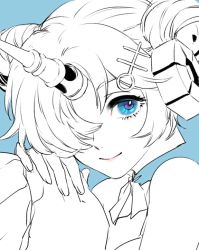 Rule 34 | 1girl, asymmetrical bangs, blue background, choker, closed mouth, commentary request, double bun, eye focus, fate/apocrypha, fate (series), frankenstein&#039;s monster (fate), hair bun, hair ornament, hair over one eye, hairclip, headgear, horns, interlocked fingers, looking at viewer, monochrome, one eye covered, short hair, simple background, single horn, sketch, smile, solo, spot color, tenobe
