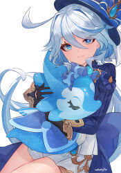 Rule 34 | 1girl, absurdres, arpeggio kaga, black gloves, blue eyes, blue hair, blue hat, blue jacket, closed mouth, commentary request, cowboy shot, cowlick, facing viewer, furina (genshin impact), genshin impact, gloves, grey hair, hat, highres, hugging object, jacket, long hair, long sleeves, looking ahead, multicolored hair, shorts, simple background, smile, solo, streaked hair, top hat, white background, white shorts
