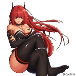 Rule 34 | 00s, 1girl, bare shoulders, barefoot, black gloves, black thighhighs, breasts, choker, cleavage, crossed legs, demon girl, dungeon and fighter, elbow gloves, epomeno, feet, female focus, gloves, horns, jewelry, large breasts, legs, lipstick, long hair, makeup, nail polish, necklace, red eyes, red lips, simple background, sitting, solo, tattoo, thighhighs, thighs, toes, white background