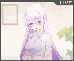 Rule 34 | .live, blurry, blurry background, blush, bra, carro pino, commentary request, copyright name, glasses, hair between eyes, lab coat, looking at viewer, naoni (boostkusaya), open clothes, open shirt, plant, purple eyes, purple hair, recording, see-through, solo, underwear, virtual youtuber, wall