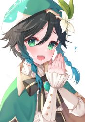 Rule 34 | 1boy, androgynous, backlighting, beret, black hair, blue hair, blush, braid, buttons, cape, collared cape, collared shirt, flower, frilled sleeves, frills, genshin impact, gradient hair, green cape, green eyes, green hat, hair flower, hair ornament, hat, hat flower, itoi toi, juliet sleeves, long sleeves, looking at viewer, multicolored hair, nail polish, own hands together, puffy sleeves, red nails, shirt, short hair with long locks, simple background, smile, teeth, twin braids, upper body, upper teeth only, venti (genshin impact), white background, white flower, white shirt