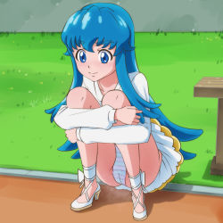 Rule 34 | 10s, 1girl, bad id, bad pixiv id, blue eyes, blue hair, fart, full body, grass, happinesscharge precure!, highres, hugging own legs, long hair, matching hair/eyes, md5 mismatch, mont blanc (heartcatch ayaya), panties, pantyshot, precure, shirayuki hime, shoes, sidelocks, skirt, solo, squatting, striped clothes, striped panties, underwear, upskirt, white skirt