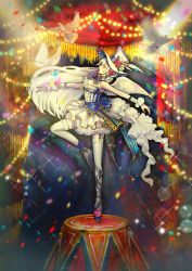 Rule 34 | 1girl, absurdres, angel wings, bad id, bad pixiv id, bird, bow, circus, confetti, dove, dress, fantasy, feathered wings, flower, frills, full body, garter straps, hair flower, hair ornament, hat, hat flower, highres, ida rintarou, indoors, lens flare, long hair, magic trick, original, personification, red curtains, red eyes, solo, sparkle, standing, standing on one leg, thighhighs, very long hair, white bow, white dress, white hair, white hat, white thighhighs, white wings, wings, wrist cuffs