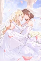Rule 34 | 2girls, blonde hair, blue eyes, blue sky, bridal veil, brown hair, carrying, claire francois, closed eyes, collarbone, commentary request, day, dress, elbow gloves, falling petals, female focus, forehead-to-forehead, gloves, hand on another&#039;s shoulder, heads together, highres, jewelry, long hair, multiple girls, necklace, one eye closed, outdoors, parted lips, petals, princess carry, rae taylor, short hair, sky, smile, strapless, strapless dress, veil, watashi no oshi wa akuyaku reijou, wedding, wedding dress, white dress, white gloves, wife and wife, xufi2468, yuri