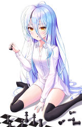 Rule 34 | 1girl, absurdres, between legs, black thighhighs, board game, breasts, chess, chess piece, chessboard, collarbone, collared shirt, hair between eyes, hand between legs, highres, long hair, long sleeves, naked shirt, no game no life, ryon y0421, shiro (no game no life), shirt, silver hair, simple background, sitting, slit pupils, small breasts, solo, straight hair, thighhighs, triangle mouth, very long hair, wariza, white background, white shirt, wing collar, yellow eyes