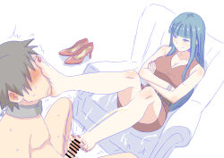 Rule 34 | 1boy, 1girl, absurdres, armchair, barefoot, blue hair, chair, clothed female nude male, collar, crossed arms, cum, dark blue hair, ejaculation, feet, foot worship, footjob, highres, light blush, long hair, mature female, nude, nush advance, original, shoes, smile, soles, toes, unworn shoes, yellow eyes
