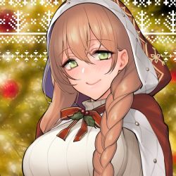 Rule 34 | 1girl, blush, braid, breasts, brown hair, christmas, cloak, commentary request, girls&#039; frontline, green eyes, hair between eyes, hood, hood up, hooded cloak, large breasts, long hair, looking at viewer, lowres, official alternate costume, red ribbon, ribbed sweater, ribbon, shoukaki (earthean), smile, solo, springfield (girls&#039; frontline), springfield (o holy night) (girls&#039; frontline), sweater, upper body
