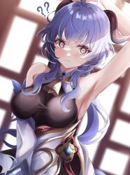 Rule 34 | 1girl, ?, ??, @ @, ahoge, arm up, armpits, bare shoulders, bell, black gloves, blue hair, blush, breasts, chinese knot, closed mouth, commentary, detached sleeves, flower knot, furrowed brow, ganyu (genshin impact), genshin impact, gloves, goat horns, gold trim, highres, horns, indoors, long hair, looking at viewer, medium breasts, neck bell, purple eyes, sa-ya2, sidelocks, single sleeve, solo, standing, sweat, vision (genshin impact), white sleeves