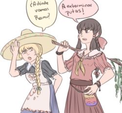 Rule 34 | 2girls, adapted costume, alternate costume, apron, bag, bent over, black hair, blonde hair, braid, brown eyes, brown hair, cowboy shot, gohei, hair ribbon, hair tubes, hakurei reimu, hat, hat ribbon, kirisame marisa, long hair, mefomefo, mexican dress, mexican revolution, multiple girls, neckerchief, open mouth, over shoulder, puffy short sleeves, puffy sleeves, ribbon, short sleeves, sidelocks, simple background, single braid, sombrero, spanish text, standing, touhou, translated, white background, witch hat