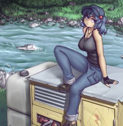 Rule 34 | 1girl, bare arms, baseball cap, black gloves, blue eyes, blue hair, blue pants, boots, breasts, brown footwear, closed mouth, collarbone, day, denim, eyebrows, fingerless gloves, full body, gloves, grass, hair bobbles, hair ornament, hat, hater (hatater), jeans, kawashiro nitori, key, large breasts, looking at viewer, matching hair/eyes, mouth hold, nail polish, nature, outdoors, pants, pouch, river, rock, shadow, shoes, short hair, sign, sitting, sleeveless, solo, tank top, touhou, twintails, two side up, warning sign, water