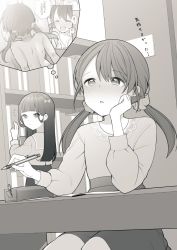 Rule 34 | 2girls, blush, bookshelf, bow, hair bow, hair ornament, hair scrunchie, holding, holding pen, imagining, indoors, long sleeves, low twintails, multiple girls, open mouth, original, parted lips, pen, scrunchie, shirt tucked in, sitting, thought bubble, toru nagase, translation request, twintails