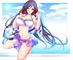 Rule 34 | 10s, 1girl, bad id, bad pixiv id, barefoot, bikini, blush, breasts, cleavage, flower, frilled bikini, frills, green eyes, hair flower, hair ornament, hibiscus, lace, lace-trimmed bikini, lace trim, large breasts, long hair, looking at viewer, love live!, love live! school idol festival, love live! school idol project, minamon (vittel221), navel, open mouth, outside border, purple hair, red flower, smile, solo, swimsuit, thighs, tojo nozomi, towel, twintails, very long hair, white bikini