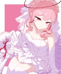 Rule 34 | 1girl, absurdres, bare shoulders, blush, bouquet, breasts, bridal veil, bride, cleavage, collarbone, commentary, dress, elbow gloves, english commentary, flower, garter straps, gloves, hair flower, hair ornament, halo, hdukl, highres, looking at viewer, medium hair, nijisanji, nijisanji en, pink hair, plant, red eyes, rosemi lovelock, sitting, small breasts, solo, thighhighs, thorns, veil, vines, virtual youtuber, wedding dress, white thighhighs