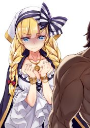 Rule 34 | 1boy, 1girl, blonde hair, blue cape, blue eyes, blush, bow, braid, breasts, cape, character request, cleavage, commentary request, cross, cross necklace, dress, fate/grand order, fate (series), hair bow, hair ribbon, highres, huge breasts, jewelry, long hair, looking at viewer, matsuryuu, muscular, necklace, red ribbon, ribbon, simple background, solo focus, striped, striped bow, tears, twin braids, wavy mouth, white background, white dress, white headwear