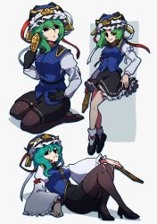 Rule 34 | 1girl, asymmetrical hair, black eyes, black footwear, black gloves, black hat, black skirt, blue hat, blue vest, bow, breasts, buttons, collared vest, epaulettes, frilled hat, frills, from side, full body, gloves, green hair, hat, high heels, highres, holding, iganashi1, leaning back, light smile, long sleeves, looking at viewer, looking to the side, mary janes, medium breasts, miniskirt, multiple views, no pupils, pantyhose, red bow, ribbon-trimmed skirt, ribbon-trimmed vest, ribbon trim, rod of remorse, seiza, shadow, shiki eiki, shirt, shoes, short hair, simple background, sitting, skirt, sleeve bow, socks, solo, standing, touhou, variations, vest, white background, white bow, white shirt, white socks, wide sleeves
