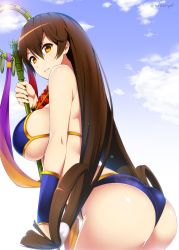 Rule 34 | 1girl, ass, bare shoulders, bikini, blue bikini, blue sky, breasts, brown eyes, brown hair, cloud, day, fate/grand order, fate (series), highres, large breasts, long hair, looking at viewer, looking back, mattari yufi, parted lips, sideboob, sky, smile, solo, staff, standing, swimsuit, thighs, twitter username, very long hair, xuangzang sanzang (fate)