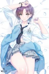 Rule 34 | 1girl, arm up, asakura toru, bed, bed sheet, black hair, black neckwear, blue eyes, blue jacket, bracelet, breast pocket, dress shirt, from above, grey skirt, hand on own head, highres, idolmaster, idolmaster shiny colors, infinote, jacket, jewelry, looking at viewer, lying, nail polish, navel, necktie, on back, on bed, parted bangs, pen in pocket, plaid, plaid skirt, pleated skirt, pocket, school uniform, shirt, short hair, signature, skirt, sleeves rolled up, smile, water drop, white shirt