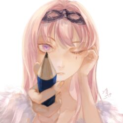 Rule 34 | 1girl, birthmark, dress, hands on own face, highres, one eye closed, pencil, pink hair, purple eyes, sheirco (sos official), signature, solo, sos official (vtuber), white dress, you yeyou0904