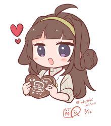 Rule 34 | 1girl, ahoge, alternate costume, brown hair, candy, chocolate, chocolate heart, commentary request, cropped torso, double bun, food, hair bun, hairband, heart, highres, holding, kantai collection, kongou (kancolle), long hair, lr hijikata, purple eyes, ribbed sweater, simple background, solo, sweater, upper body, white background, white sweater