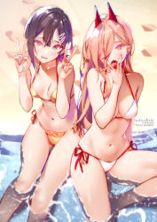 Rule 34 | + +, 2girls, artist name, asymmetrical hair, bare legs, barefoot, beach, bikini, black hair, blonde hair, blush, breasts, chainsaw man, cleavage, collarbone, commentary, cowboy shot, cross-shaped pupils, day, demon horns, double v, english commentary, eyebrows hidden by hair, eyelashes, footprints, from above, furrowed brow, hair between eyes, hair ornament, hair over one eye, hairclip, halterneck, hand to own mouth, higashiyama kobeni, horns, long hair, looking at viewer, medium breasts, medium hair, multiple girls, navel, nervous, open mouth, orange eyes, outdoors, paid reward available, parted bangs, power (chainsaw man), saliva, salute, short ponytail, side-tie bikini bottom, sitting, soaking feet, stomach, string bikini, swimsuit, sydus, symbol-shaped pupils, tongue, tongue out, v, v over mouth, vulcan salute, water, white bikini, yellow bikini