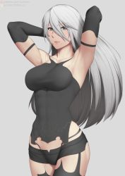 Rule 34 | 1girl, 2022, abs, armpits, black gloves, black tank top, breasts, closed mouth, contrapposto, cowboy shot, elbow gloves, gloves, green eyes, grey background, groin, hair between eyes, impossible clothes, joints, long hair, looking at viewer, medium breasts, mole, mole on cheek, nier (series), nier:automata, presenting armpit, putcher, robot joints, shirt, short shorts, shorts, simple background, solo, standing, tank top, taut clothes, taut shirt, white hair, a2 (nier:automata)