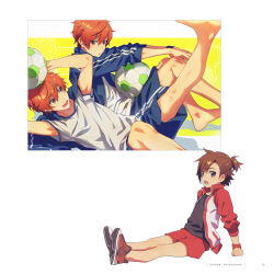 Rule 34 | 3boys, aoi kyosuke, aoi yusuke, ball, barefoot, brothers, brown eyes, brown hair, child, hair between eyes, idolmaster, idolmaster side-m, jacket, legs, male focus, map (map imas), multiple boys, open clothes, open jacket, open mouth, orange eyes, red footwear, red jacket, red shorts, shirt, shoes, short sleeves, shorts, siblings, sleeves rolled up, sneakers, soccer ball, tachibana shiro (idolmaster), twins, w (idolmaster), white background