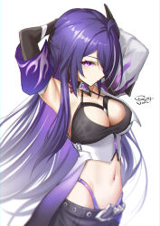 Rule 34 | 1girl, absurdres, acheron (honkai: star rail), armpits, arms up, black choker, black shorts, breasts, choker, cleavage, coat, commentary request, hair ornament, highres, honkai: star rail, honkai (series), large breasts, long hair, looking at viewer, navel, purple eyes, purple hair, royboy, short shorts, shorts, single bare shoulder, solo, stomach, upper body, very long hair, white background
