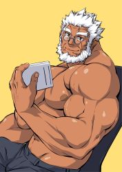 Rule 34 | 1boy, abs, bara, beard, book, bulge, character request, dark-skinned male, dark skin, facial hair, glasses, grey pants, head tilt, highres, holding, holding book, large pectorals, looking at viewer, male focus, mature male, mennsuke, muscular, muscular male, navel, nipples, old, old man, on chair, pants, pectorals, round eyewear, topless male, short hair, shoukan yuusha to f-kei kareshi, sitting, solo, stomach, thick eyebrows, wrinkled skin