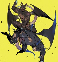Rule 34 | 2boys, aracnee26, arthropod boy, bara, bat wings, bulge, character request, cleavage cutout, clothing cutout, demon wings, highres, horns, male focus, monster boy, multiple boys, muscular, muscular male, pectoral cleavage, pectorals, sexually suggestive, thighs, tokyo houkago summoners, wings, yaoi, yellow background