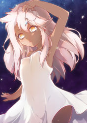 Rule 34 | 1girl, absurdres, arm up, armpits, blush, breasts, chiyami, chloe von einzbern, dark-skinned female, dark skin, dress, fate/kaleid liner prisma illya, fate (series), highres, jewelry, long hair, looking at viewer, necklace, night, night sky, perfection, pink hair, sky, small breasts, solo, white dress, yellow eyes