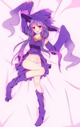 Rule 34 | 1girl, bad id, bad pixiv id, blush, clothes lift, covering crotch, covering privates, creatures (company), dakimakura (medium), detached sleeves, full body, game freak, gen 4 pokemon, hat, long sleeves, loose thighhigh, mismagius, nintendo, panties, personification, pokemon, purple hair, purple thighhighs, red eyes, skirt, skirt lift, solo, su roron, sweatdrop, thighhighs, underwear, upskirt, witch hat