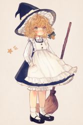 Rule 34 | 1girl, apron, bad id, bad twitter id, beige background, black dress, black footwear, blonde hair, bloomers, blush, bow, braid, broom, commentary request, dress, full body, green bow, hair bow, hand in pocket, hat, kirisame marisa, long sleeves, mary janes, medium hair, petticoat, shoes, simple background, socks, solo, standing, star (symbol), touhou, underwear, white socks, witch hat, yellow eyes, yujup