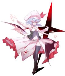 Rule 34 | 1girl, bat wings, black thighhighs, blue hair, boots, corset, crossed legs, dress, female focus, flat chest, hat, hat ribbon, highres, laevatein, red eyes, rekise, remilia scarlet, ribbon, solo, spear the gungnir, standing, thighhighs, touhou, wings