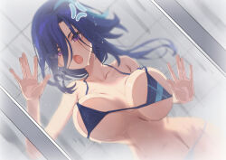 Rule 34 | 1girl, against glass, anger vein, angry, bikini, blue bikini, blue hair, blurry, breast press, breasts, breasts on glass, clorinde (genshin impact), collarbone, covered erect nipples, dark blue hair, depth of field, dutch angle, genshin impact, hair between eyes, highres, indoors, kangbus, large breasts, long hair, looking at viewer, multicolored hair, navel, open mouth, purple eyes, shouting, shower (place), solo, streaked hair, string bikini, swimsuit, tile wall, tiles, unaligned breasts, wet